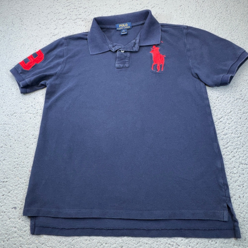 Polo Ralph Lauren Shirt Boys Large 14-16 Blue Big Pony Rugby Pique Youth